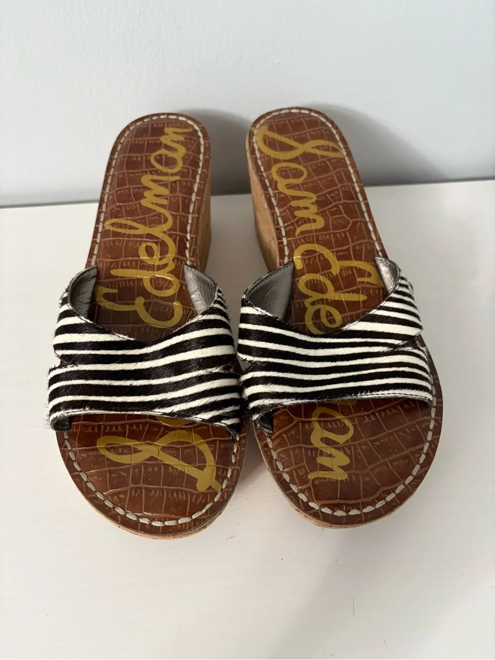 Sam Edelman Reid Zebra Print Calf Hair Cork Platform Wedge Slide Sandals 6.5M